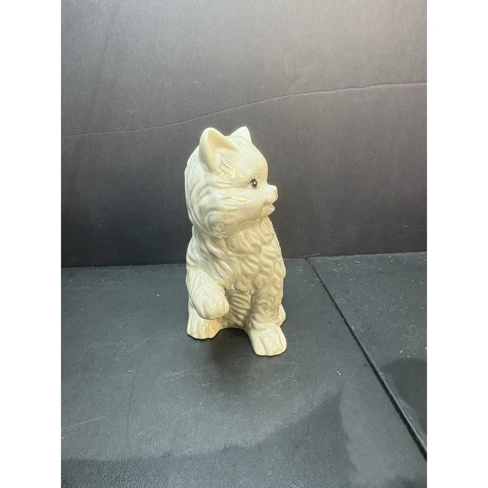 Vintage Cat Figurine With Flowers White Long Hair Ceramic Feline Paw Raised